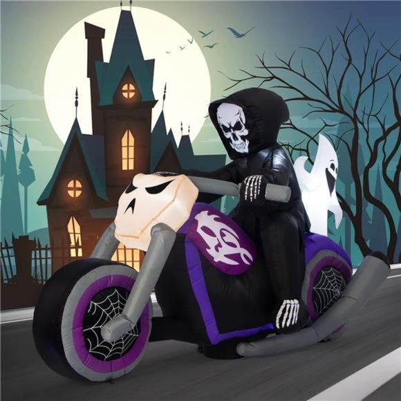 6 FT Halloween Inflatable Ghost Riding on The Motorcycle with LED Lights